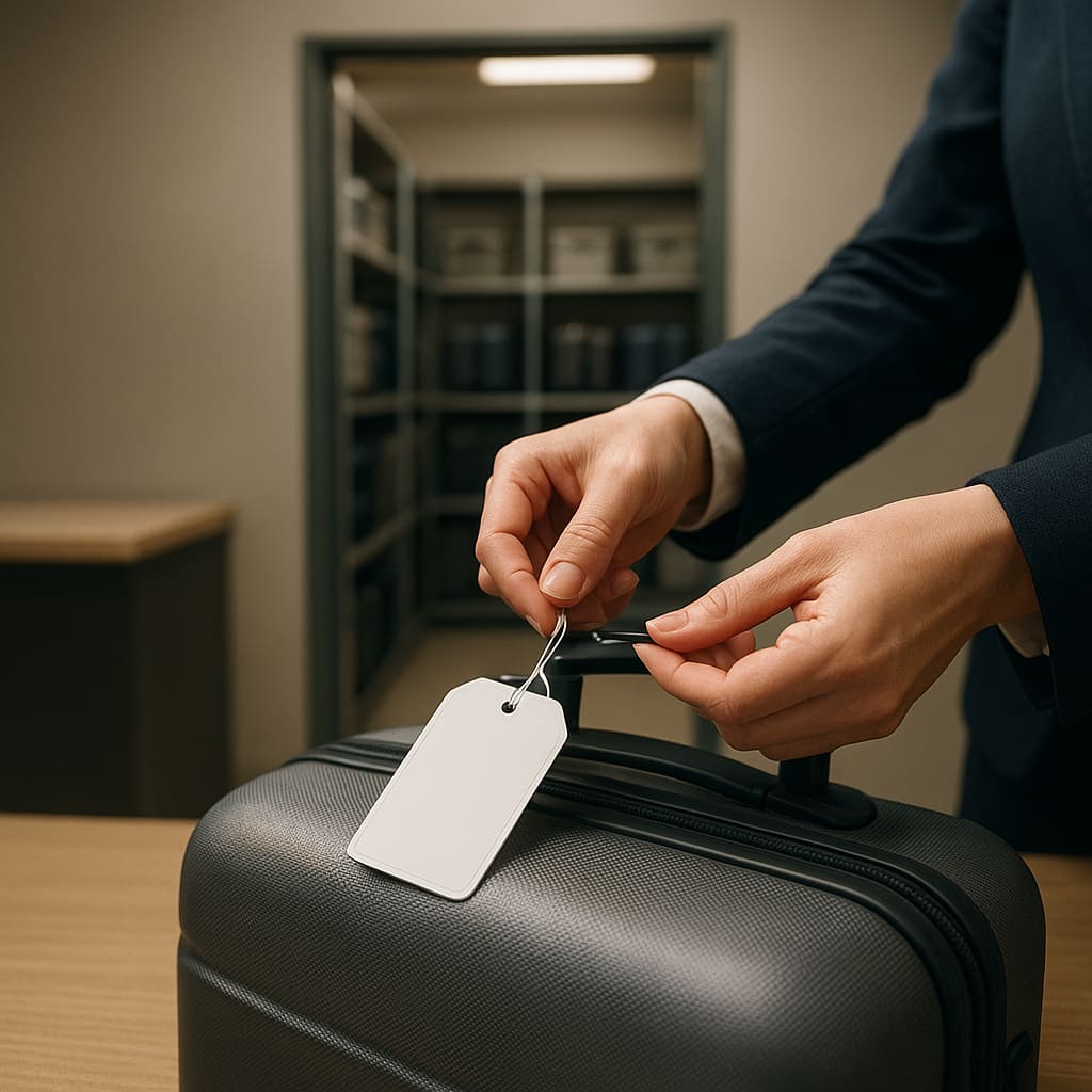 Mitarbeitende markieren Gepäckstücke im Rahmen eines strukturierten Aufbewahrungsprozesses